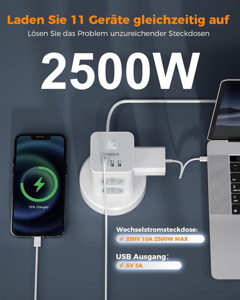 TESSAN Elosztótorony 8 Aljzattal és 3 USB Porttal - Behúzható 2m Kábellel, Helytakarékos Elosztó Kapcsolóval Otthoni és Irodai Használatra