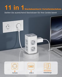 TESSAN Elosztótorony 8 Aljzattal és 3 USB Porttal - Behúzható 2m Kábellel, Helytakarékos Elosztó Kapcsolóval Otthoni és Irodai Használatra 2