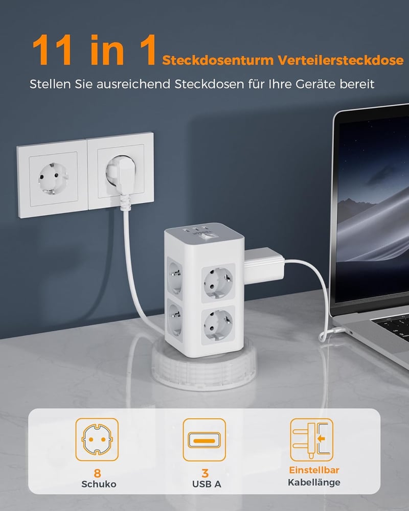 TESSAN Elosztótorony 8 Aljzattal és 3 USB Porttal - Behúzható 2m Kábellel, Helytakarékos Elosztó Kapcsolóval Otthoni és Irodai Használatra