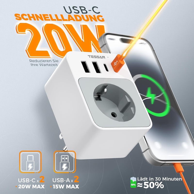 TESSAN USA utazási adapter 20W, 2 USB-C 2 USB-A, gyorstöltés, EU-USA típus B dugó - EU to US 4USB, White