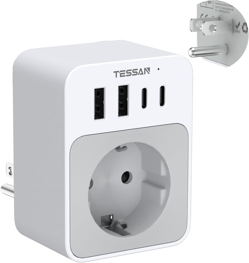 TESSAN USA utazási adapter 20W, 2 USB-C 2 USB-A, gyorstöltés, EU-USA típus B dugó - EU to US 4USB, White