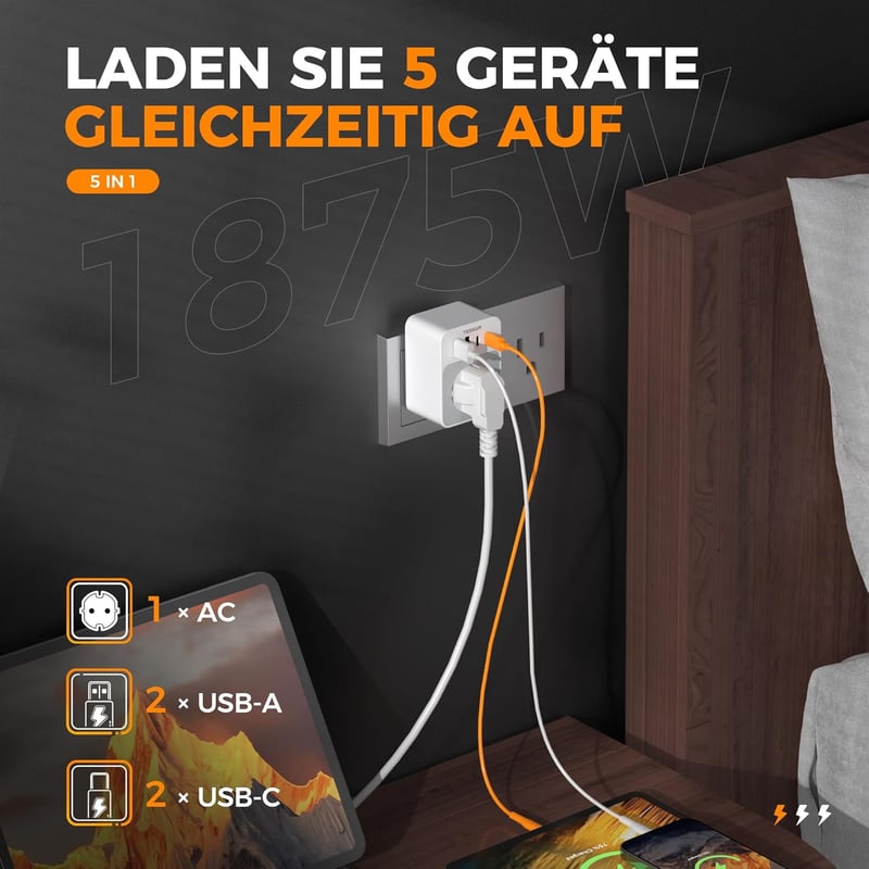 TESSAN USA utazási adapter 20W, 2 USB-C 2 USB-A, gyorstöltés, EU-USA típus B dugó - EU to US 4USB, White