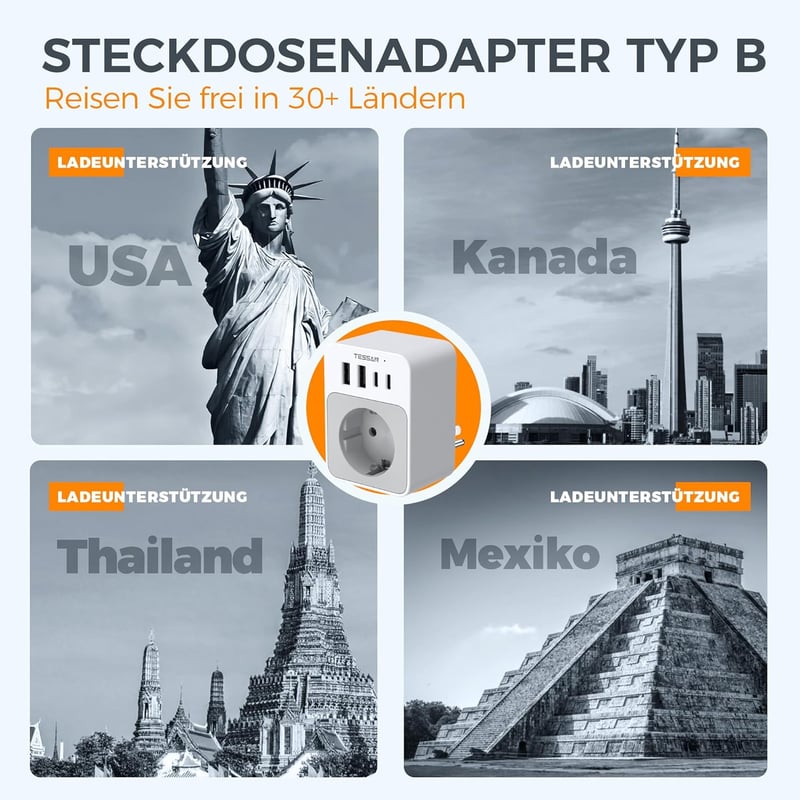 TESSAN USA utazási adapter 20W, 2 USB-C 2 USB-A, gyorstöltés, EU-USA típus B dugó - EU to US 4USB, White
