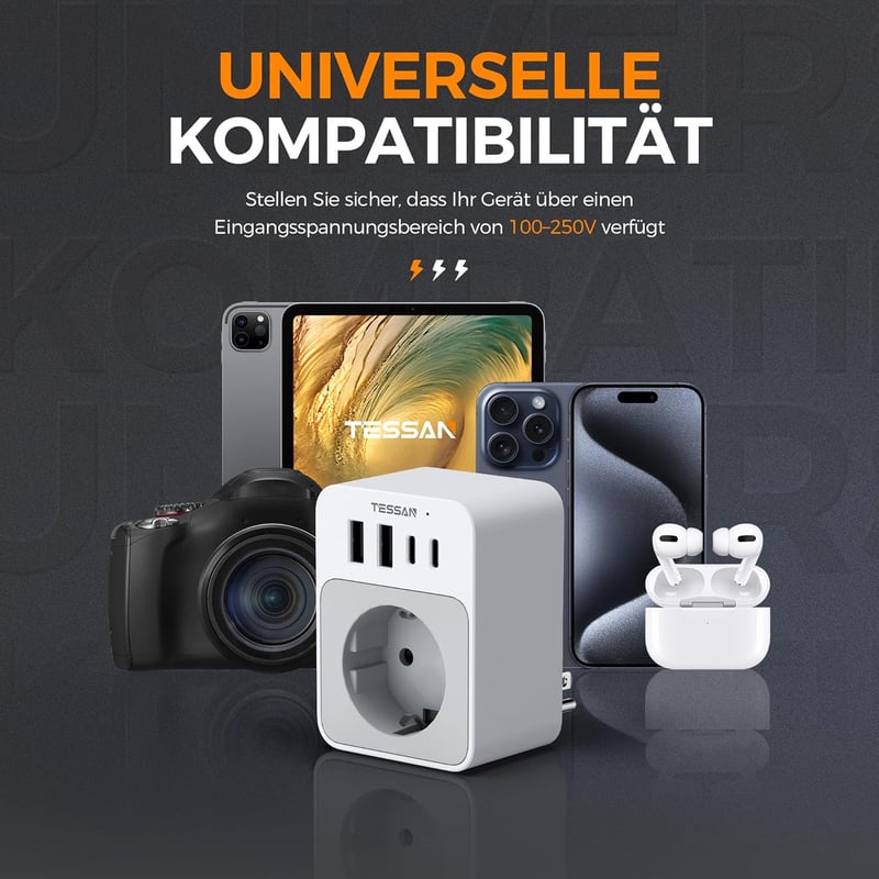 TESSAN USA utazási adapter 20W, 2 USB-C 2 USB-A, gyorstöltés, EU-USA típus B dugó - EU to US 4USB, White