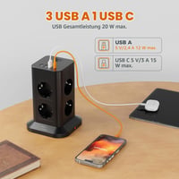 Predlžovací kábel TESSAN USB-C 10 metrov čierny – Multifunkčná zásuvka s USB nabíjačkou 3
