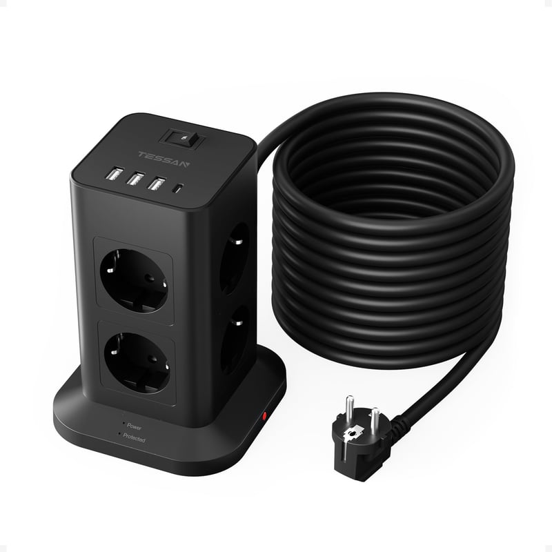 Predlžovací kábel TESSAN USB-C 10 metrov čierny – Multifunkčná zásuvka s USB nabíjačkou
