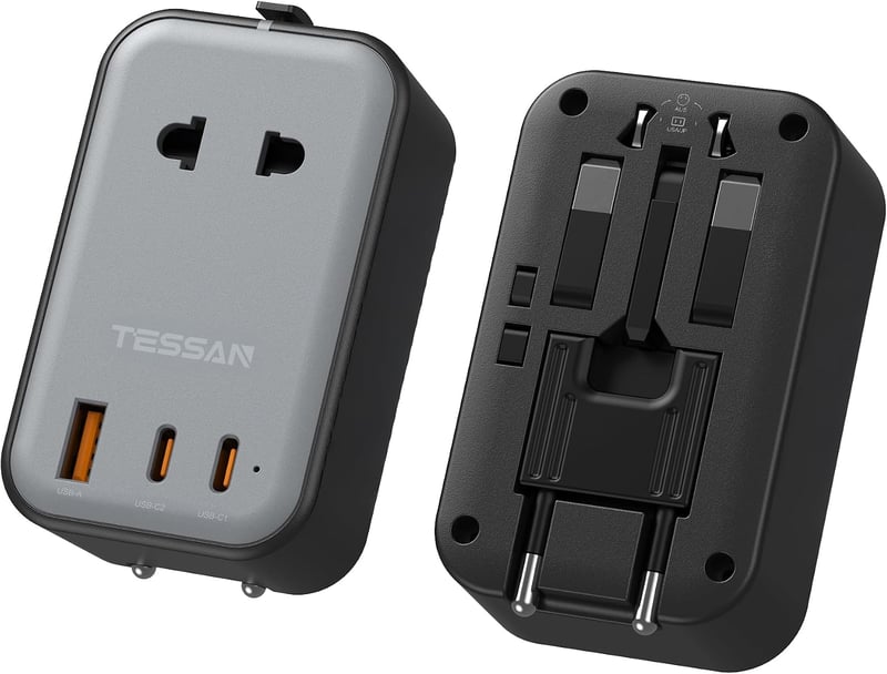 Adaptor de călătorie universal TESSAN, încărcător de rețea 20W PD, 2 USB-C și 1 USB-A, adaptor de călătorie subțire pentru UK, SUA, Japonia, Europa, Australia