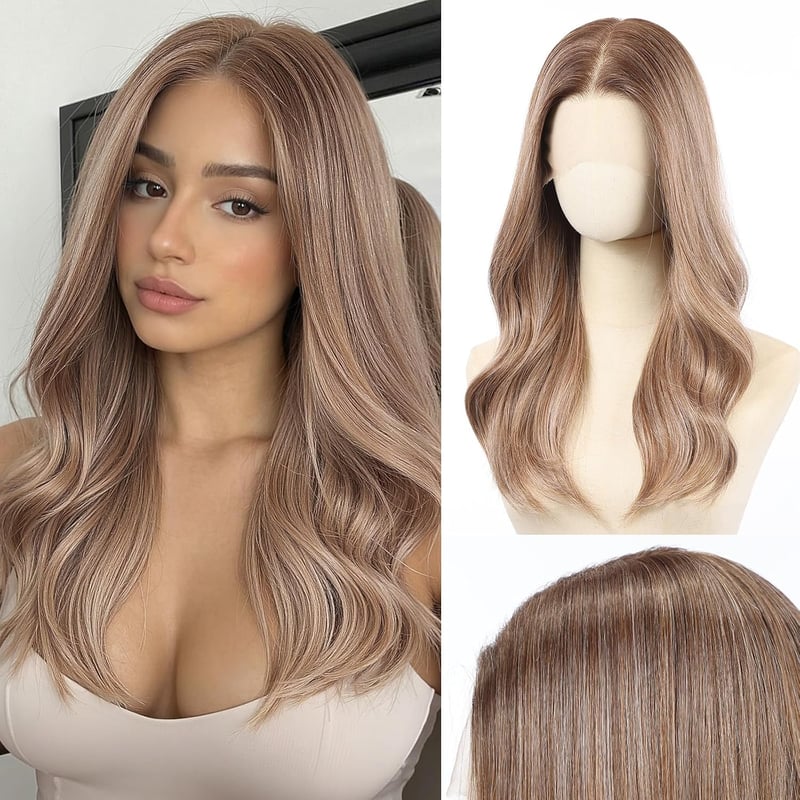 Perucă sintetică pentru femei, 13x6, ombre, amestec maro deschis cu alb, dantelă frontală, lungă, ondulată, 22 inchi, fibră termorezistentă, pentru purtare zilnică