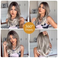 testar 24 Inch Ombre Szürke Szőke Paróka Frufruval Hosszú Egyenes Műszálas Női Paróka Napi Viseléshez és Cosplay Partikhoz 4