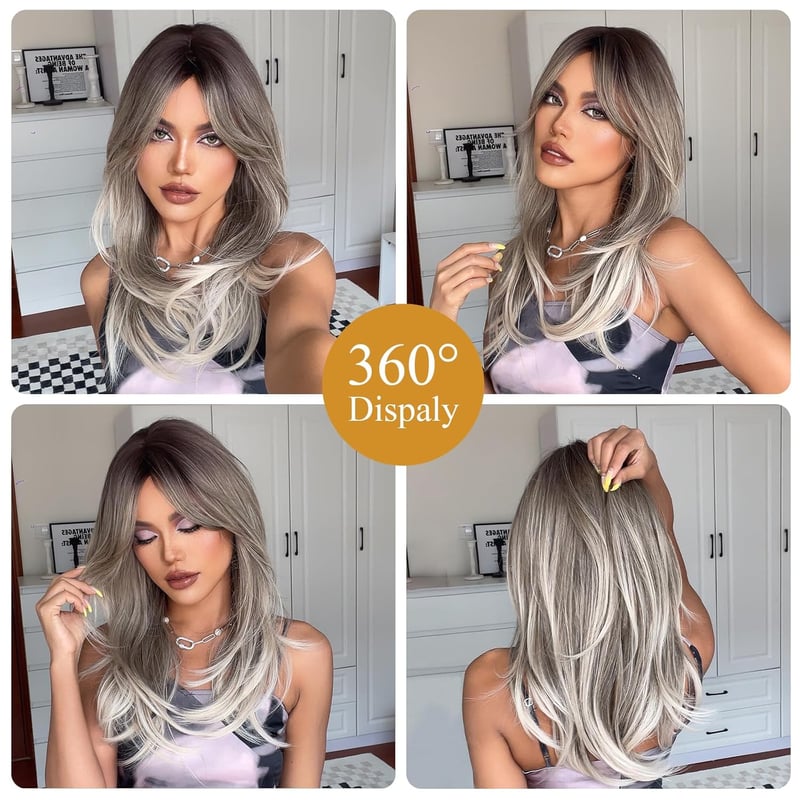 testar 24 Inch Ombre Szürke Szőke Paróka Frufruval Hosszú Egyenes Műszálas Női Paróka Napi Viseléshez és Cosplay Partikhoz