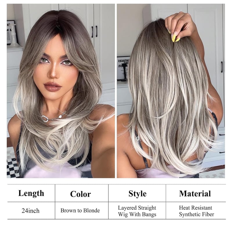 testar 24 Inch Ombre Szürke Szőke Paróka Frufruval Hosszú Egyenes Műszálas Női Paróka Napi Viseléshez és Cosplay Partikhoz