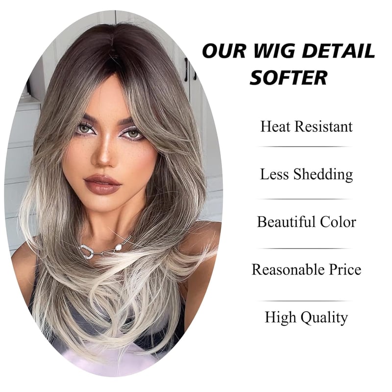 testar 24 Inch Ombre Szürke Szőke Paróka Frufruval Hosszú Egyenes Műszálas Női Paróka Napi Viseléshez és Cosplay Partikhoz