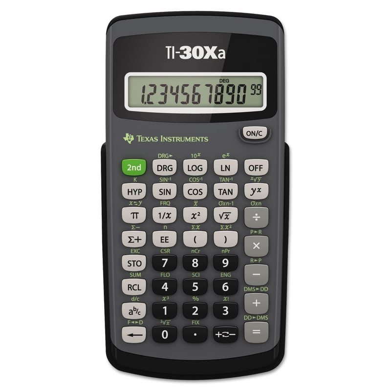Calculator școlar Texas Instruments TI-30XA – afișaj cu 10 cifre, un singur rând, cu baterii, gri-negru