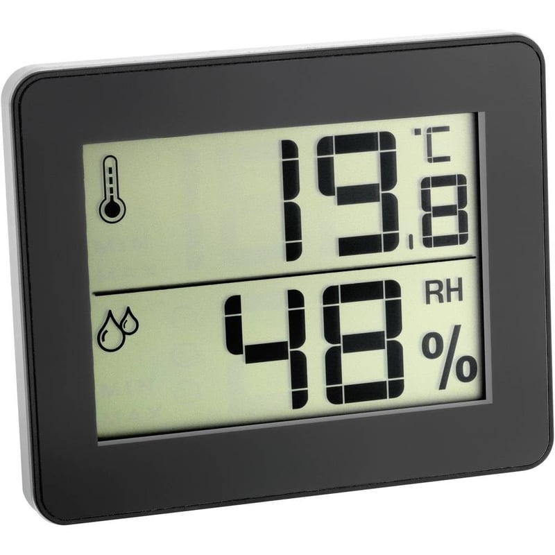 Termohigrometru digital TFA Dostmann 30.5027.01 pentru măsurarea temperaturii și umidității interioare, cu valori Max-Min, ultra subțire, negru