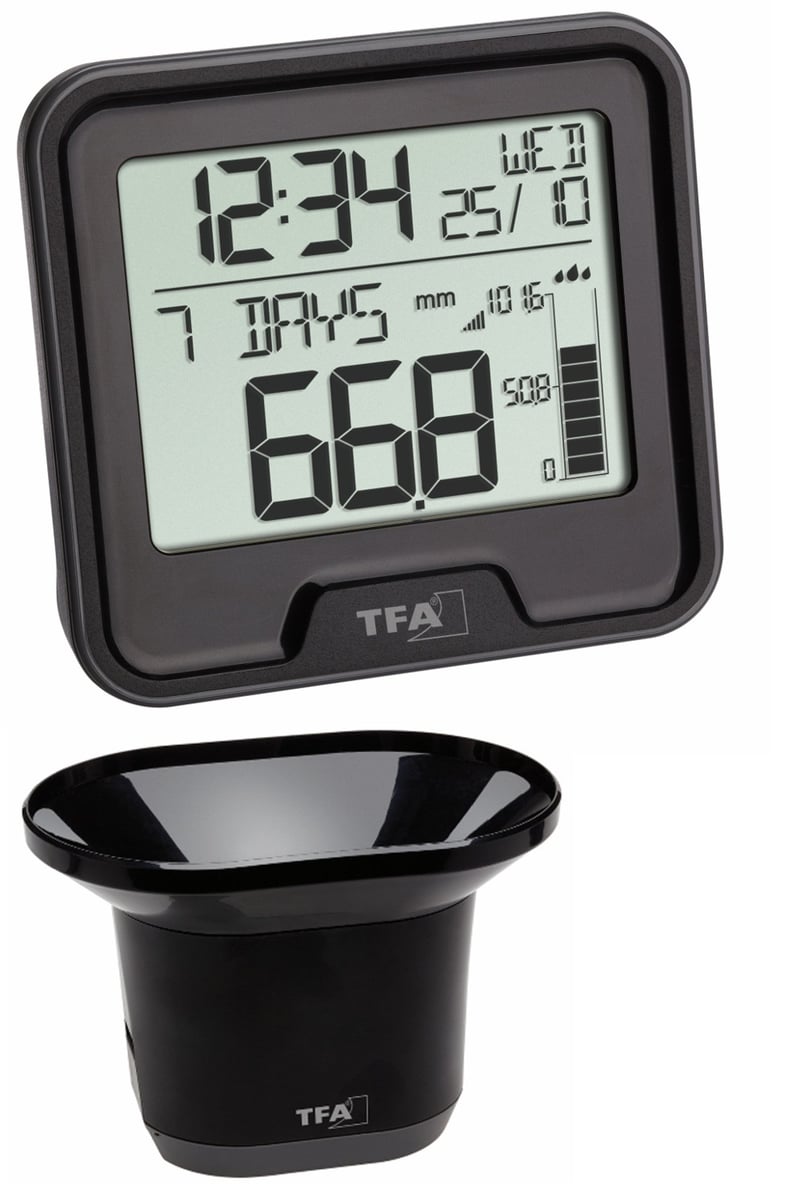 Pluviometru digital wireless TFA Dostmann 47.3005.01 Drop – alarmă 24 de ore, istoric pe 12 luni, auto-golire, negru