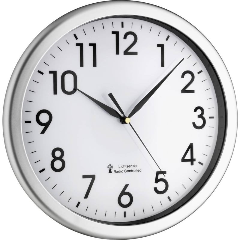 TFA Dostmann 60.3519.02 Corona analogni zidni sat s radio-kontrolom, zeleno pozadinsko osvjetljenje, bešuman mehanizam, srebrni, 308x43x308 mm