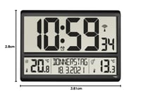 TFA Dostmann 60.4521.01 Digitálne nástenné hodiny XL čierne, vonkajšia a vnútorná teplota, rádiom riadené, dátum, deň v týždni, 360x235x28 mm 7