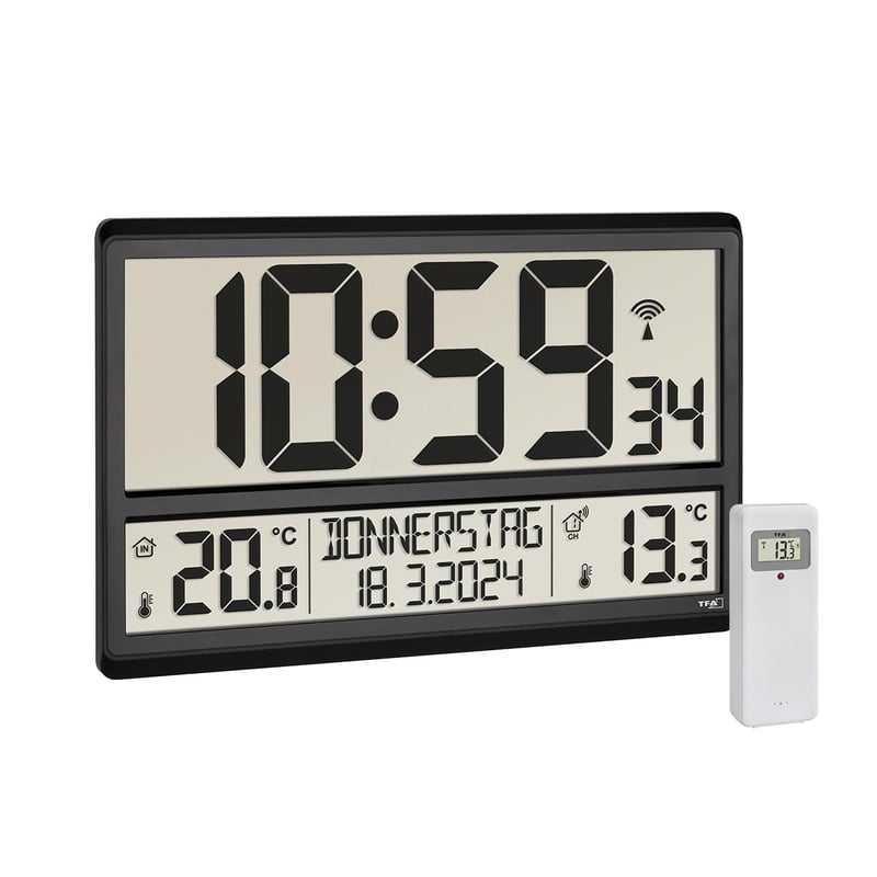 TFA Dostmann 60.4521.01 Digitálne nástenné hodiny XL čierne, vonkajšia a vnútorná teplota, rádiom riadené, dátum, deň v týždni, 360x235x28 mm
