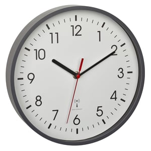 Analógové rádiom riadené nástenné hodiny TFA Dostmann 60.3550.10 so skleneným krytom, do kancelárie a domácnosti, 245x245x42 mm, sivé