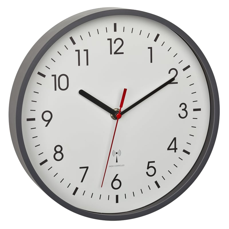 Analógové rádiom riadené nástenné hodiny TFA Dostmann 60.3550.10 so skleneným krytom, do kancelárie a domácnosti, 245x245x42 mm, sivé