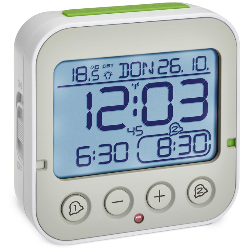 Ceas deșteptător digital TFA Dostmann Bingo 2.0 cu afișaj de temperatură, 2 alarme, dată, alb, 95x41x96 mm