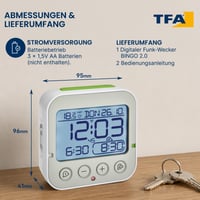 Ceas deșteptător digital TFA Dostmann Bingo 2.0 cu afișaj de temperatură, 2 alarme, dată, alb, 95x41x96 mm 7