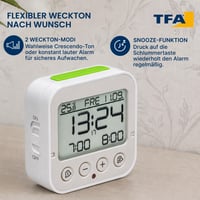 Ceas deșteptător digital TFA Dostmann Bingo 2.0 cu afișaj de temperatură, 2 alarme, dată, alb, 95x41x96 mm 6
