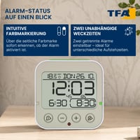 Ceas deșteptător digital TFA Dostmann Bingo 2.0 cu afișaj de temperatură, 2 alarme, dată, alb, 95x41x96 mm 2