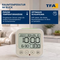 Ceas deșteptător digital TFA Dostmann Bingo 2.0 cu afișaj de temperatură, 2 alarme, dată, alb, 95x41x96 mm 5