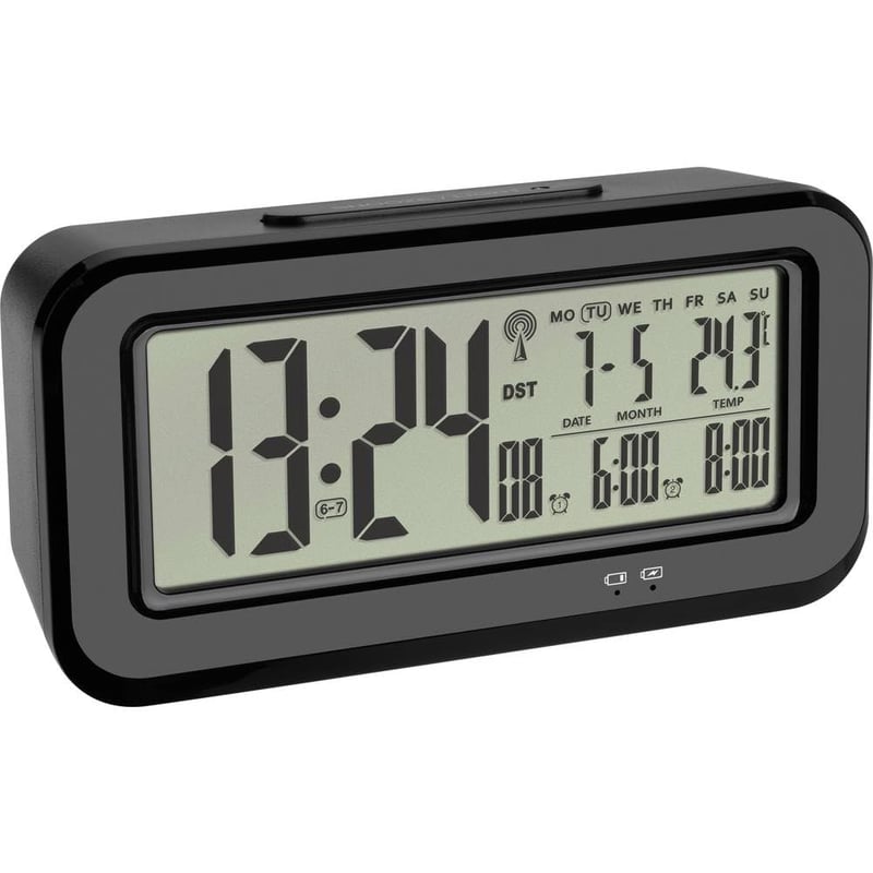 TFA Dostmann BOXX digitalna budilica s radijskim upravljanjem i unutarnjim termometrom, USB punjenje, crna, 142x45x73 mm