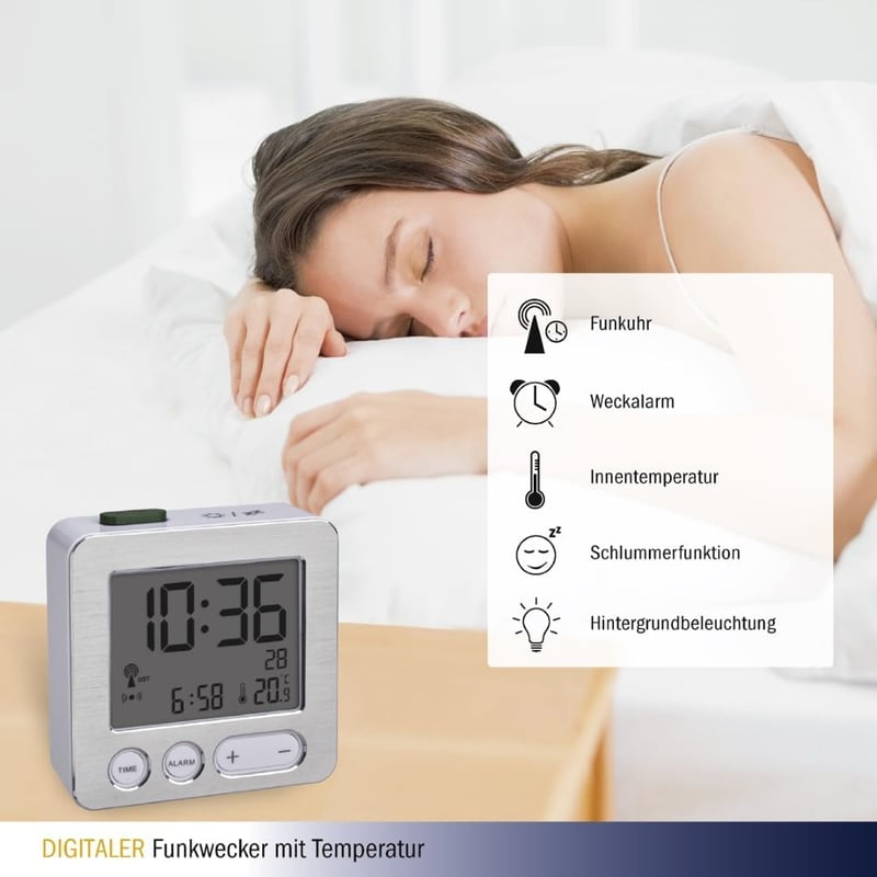 TFA Dostmann digitális rádiójel vezérelt ébresztőóra 60.2545 - Silver