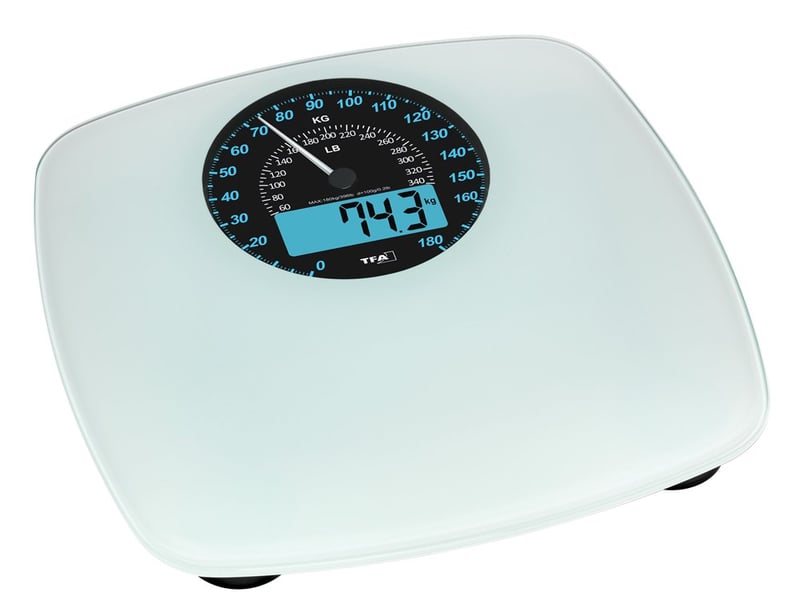 Digitálna a analógová osobná váha TFA Dostmann Swing 50.1003.02, dizajn tachometra, s funkciou pripomienky, 180 kg, biela