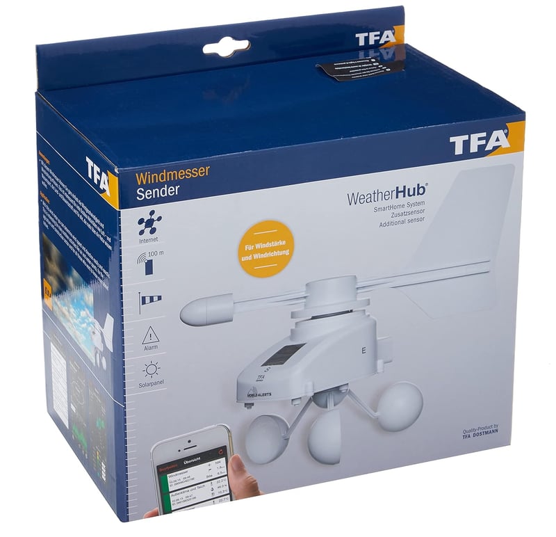 TFA Dostmann Weatherhub Solar Vezeték Nélküli Szélsebesség Mérő Okostelefon Fehér - L 250 x B 150 x H 195 mm, White, Modern