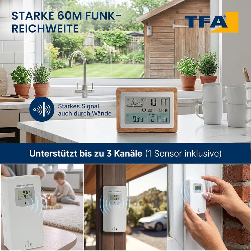 TFA Dostmann Wireless Időjárásállomás Fa Kerettel, Beltéri-Kültéri Hőmérő