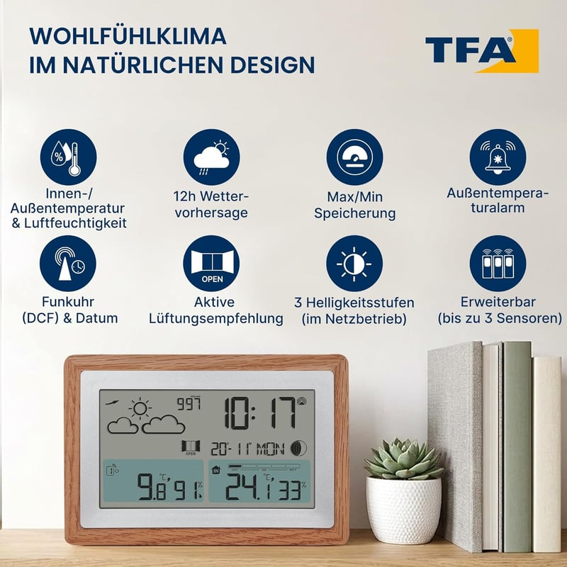 TFA Dostmann Wireless Időjárásállomás Fa Kerettel, Beltéri-Kültéri Hőmérő