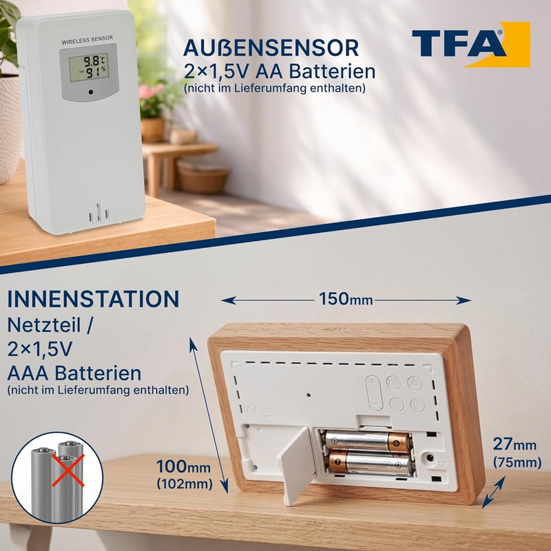 TFA Dostmann Wireless Időjárásállomás Fa Kerettel, Beltéri-Kültéri Hőmérő