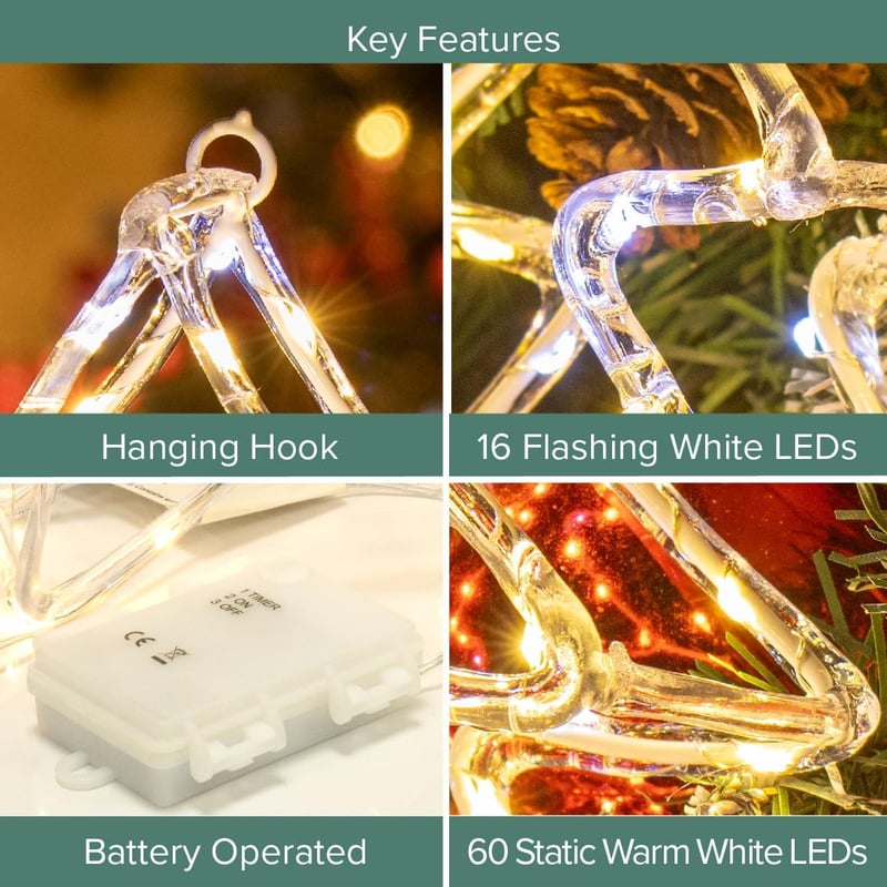 The Christmas Workshop LED Karácsonyfa Dekoráció - Akril Fénydekoráció 76 Meleg Fehér Fénnyel, 6 Órás Időzítővel, Bel- és Kültéri Használatr