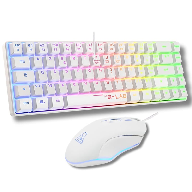 Set tastatură și mouse pentru gaming The G-Lab Combo Hydrogen – 60% RGB, Alb, Pachet combo pentru gameri