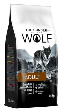 The Hunger of the Wolf száraz kutyatáp – Gabonamentes lazacos és burgonyás formula felnőtt és allergiás kutyáknak, minden fajtának – 14 kg 1