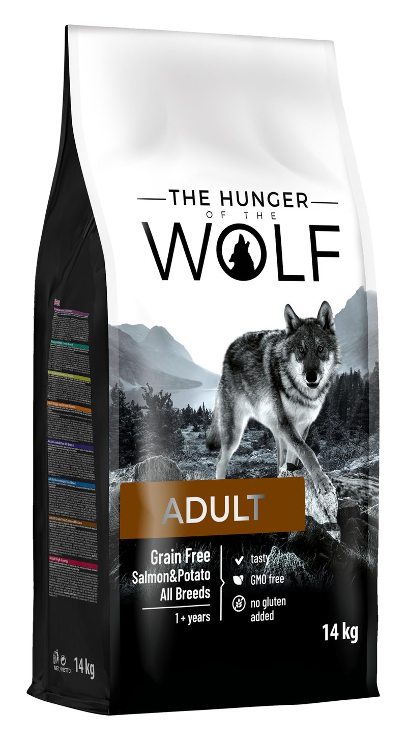 The Hunger of the Wolf száraz kutyatáp – Gabonamentes lazacos és burgonyás formula felnőtt és allergiás kutyáknak, minden fajtának – 14 kg