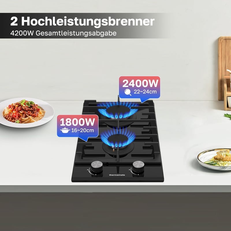 ThermoMate GHBG302 2 égős beépíthető gázfőzőlap 30 cm, propán és földgáz, üveg felület, fekete