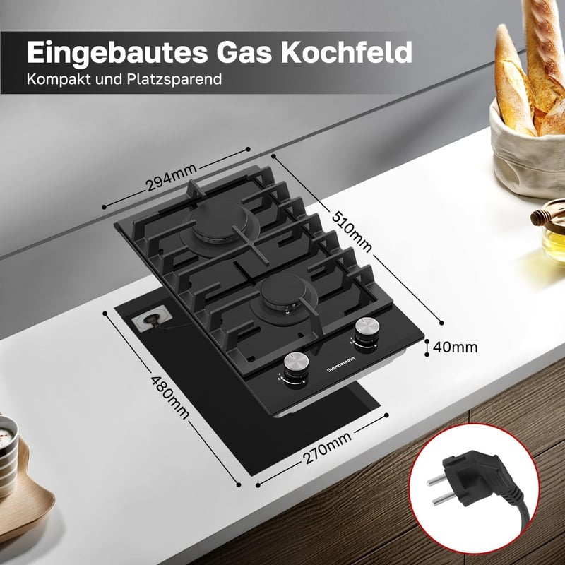 ThermoMate GHBG302 2 égős beépíthető gázfőzőlap 30 cm, propán és földgáz, üveg felület, fekete