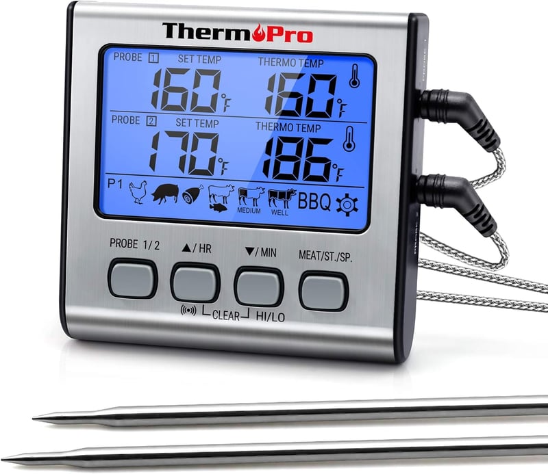 ThermoPro TP17 Digitális Húshőmérő Grillezéshez és Sütéshez - Két Rozsdamentes Acél Szondával, Időzítővel, Kék Háttérvilágítással, 300°C-ig
