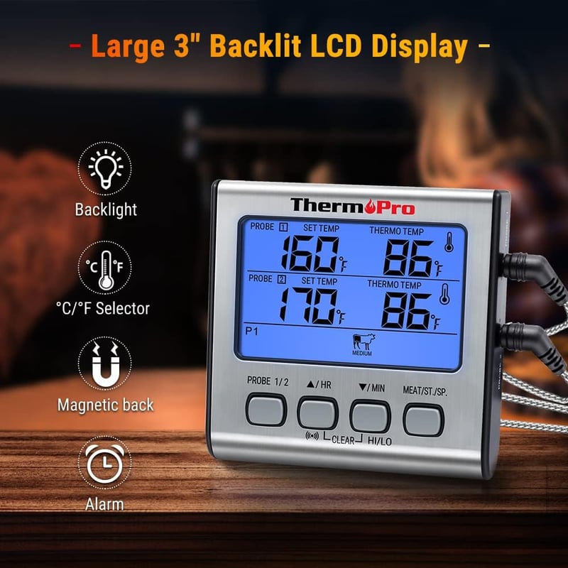 ThermoPro TP17 Digitális Húshőmérő Grillezéshez és Sütéshez - Két Rozsdamentes Acél Szondával, Időzítővel, Kék Háttérvilágítással, 300°C-ig