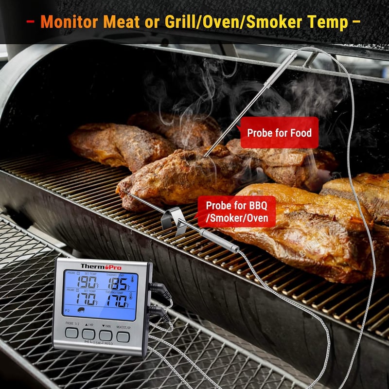 ThermoPro TP17 Digitális Húshőmérő Grillezéshez és Sütéshez - Két Rozsdamentes Acél Szondával, Időzítővel, Kék Háttérvilágítással, 300°C-ig