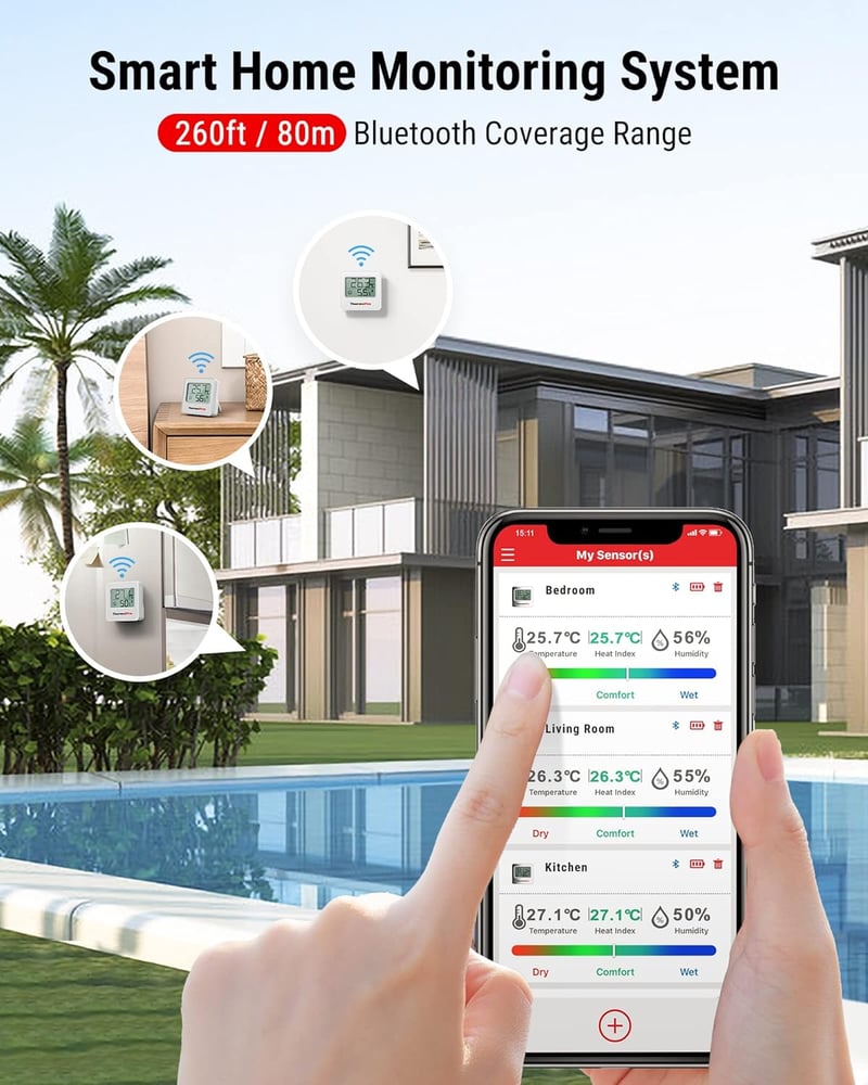 ThermoPro TP357 Bluetooth Hőmérő és Páramérő Szett (2db) - 80m Hatótáv, Applikációval, Adatgrafikonnal, Smiley Kijelzővel Otthonra, Irodába,