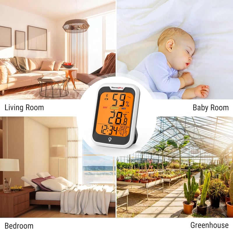 ThermoPro TP358 Bluetooth hőmérő és páratartalom mérő éjszakai fénnyel, időkijelzéssel, ±0,5°C pontossággal, 80m hatótávval hálószobába, iro