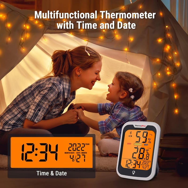 ThermoPro TP358 Bluetooth hőmérő és páratartalom mérő éjszakai fénnyel, időkijelzéssel, ±0,5°C pontossággal, 80m hatótávval hálószobába, iro