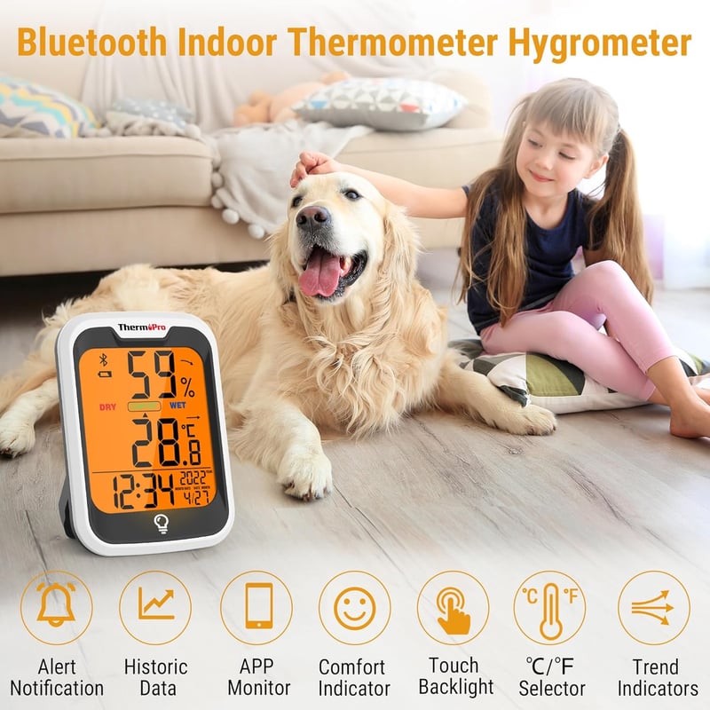 ThermoPro TP358 Bluetooth hőmérő és páratartalom mérő éjszakai fénnyel, időkijelzéssel, ±0,5°C pontossággal, 80m hatótávval hálószobába, iro
