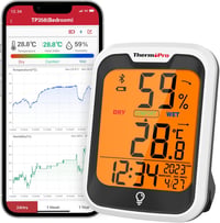 ThermoPro TP358 Bluetooth hőmérő és páratartalom mérő éjszakai fénnyel, időkijelzéssel, ±0,5°C pontossággal, 80m hatótávval hálószobába, iro 1